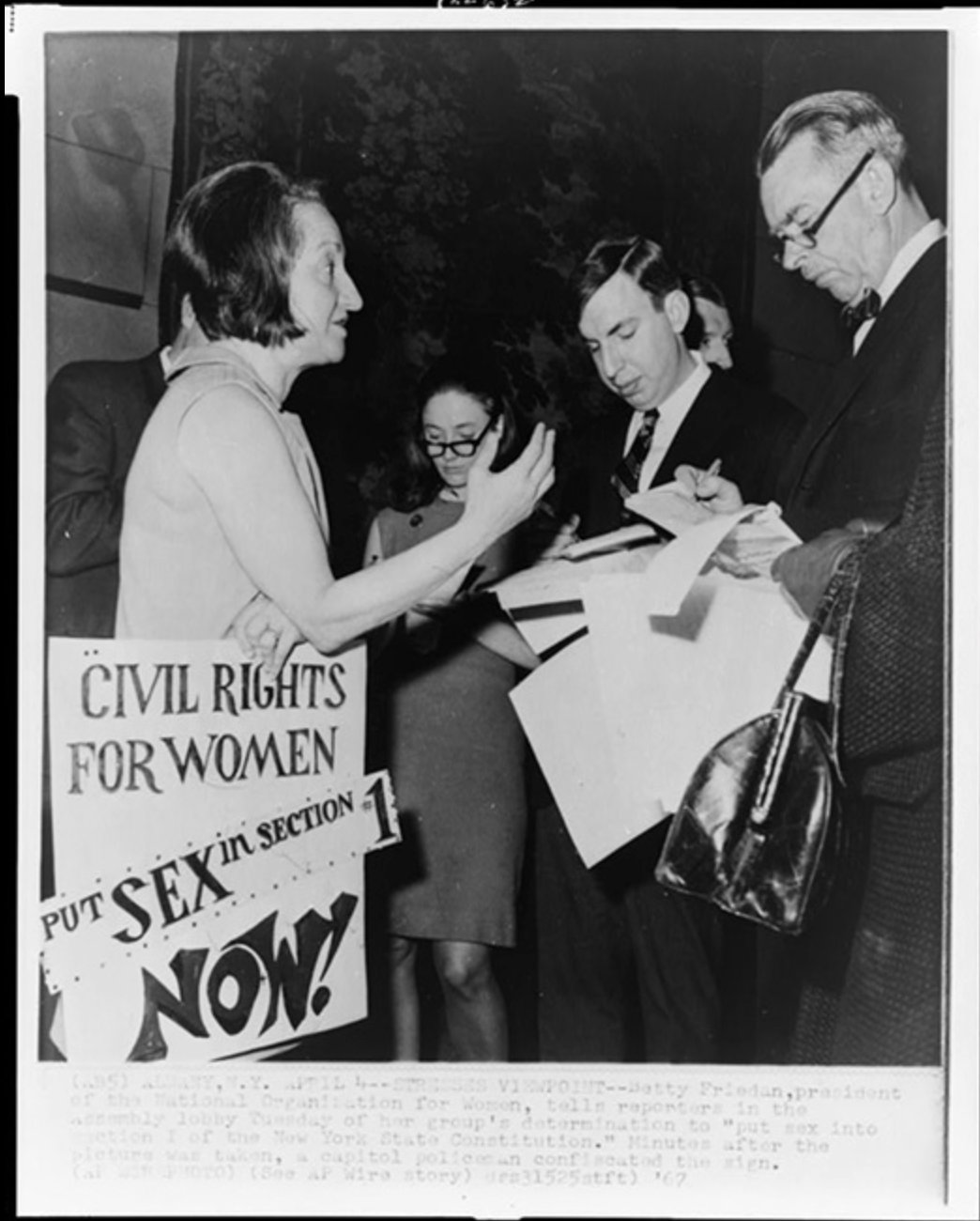Betty Friedan lobbying and advocating for stronger legal protections to government officials